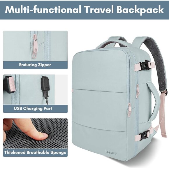 Taygeer Women's Powder Blue Travel Backpack Carry On 15.6inch Laptop Backpack - Picture 8 of 9